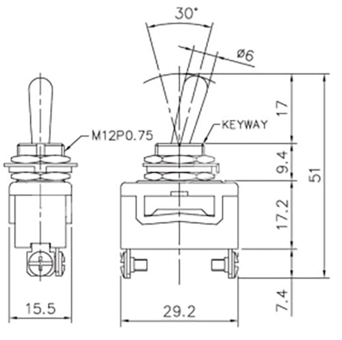 Vippebryter vanntett 12V, av/på