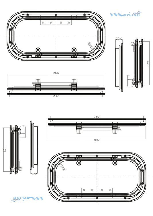 Portlight i aluminium, rektangulær