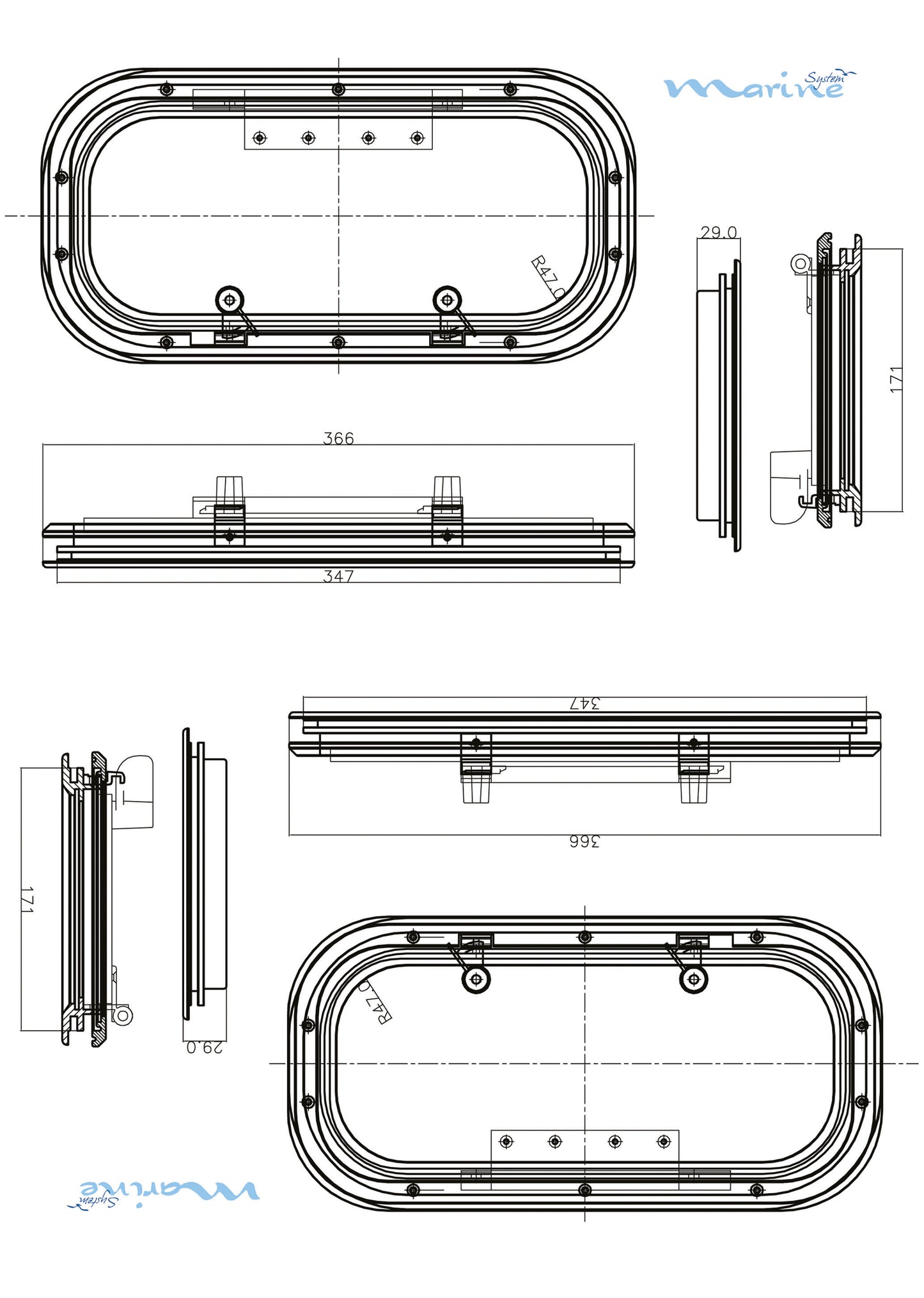 Portlight i aluminium, rektangulær