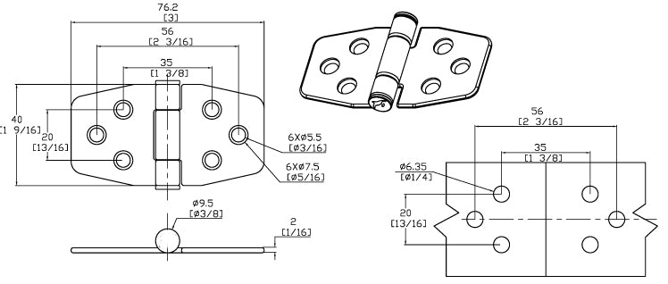 Friksjonshengsel 316, 76 x 40 mm (par)