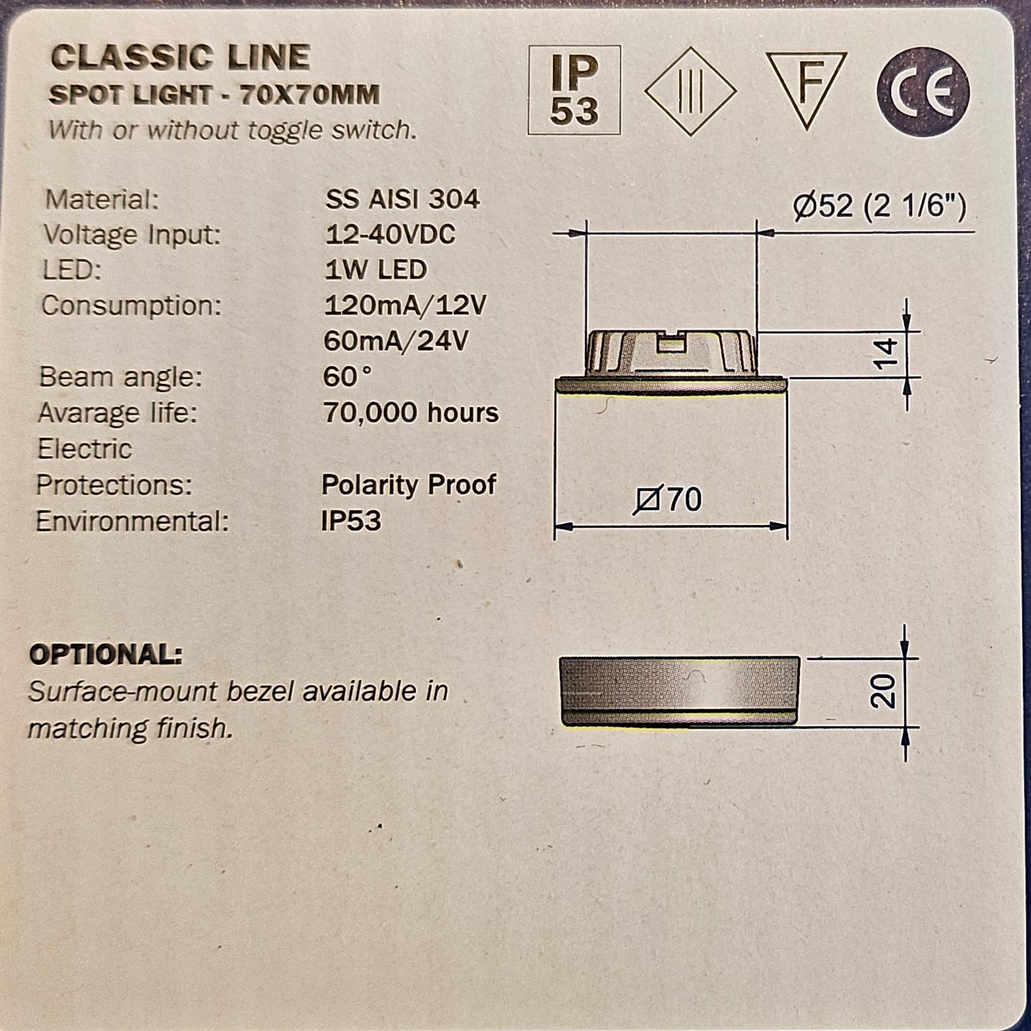 Roca Spotlight Ø70 2W Varm Hvit