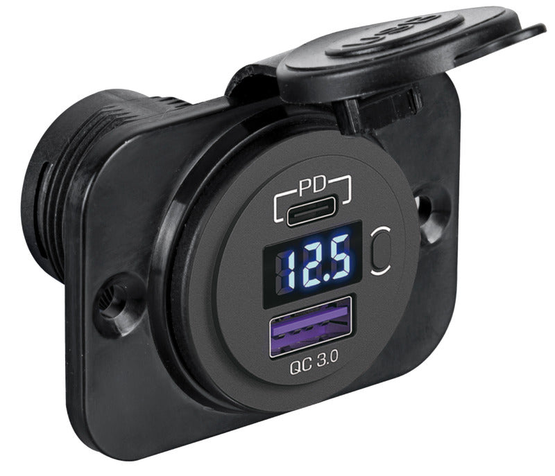 Digitalt voltmeter/amperemeter og kontakter for innfelt montering