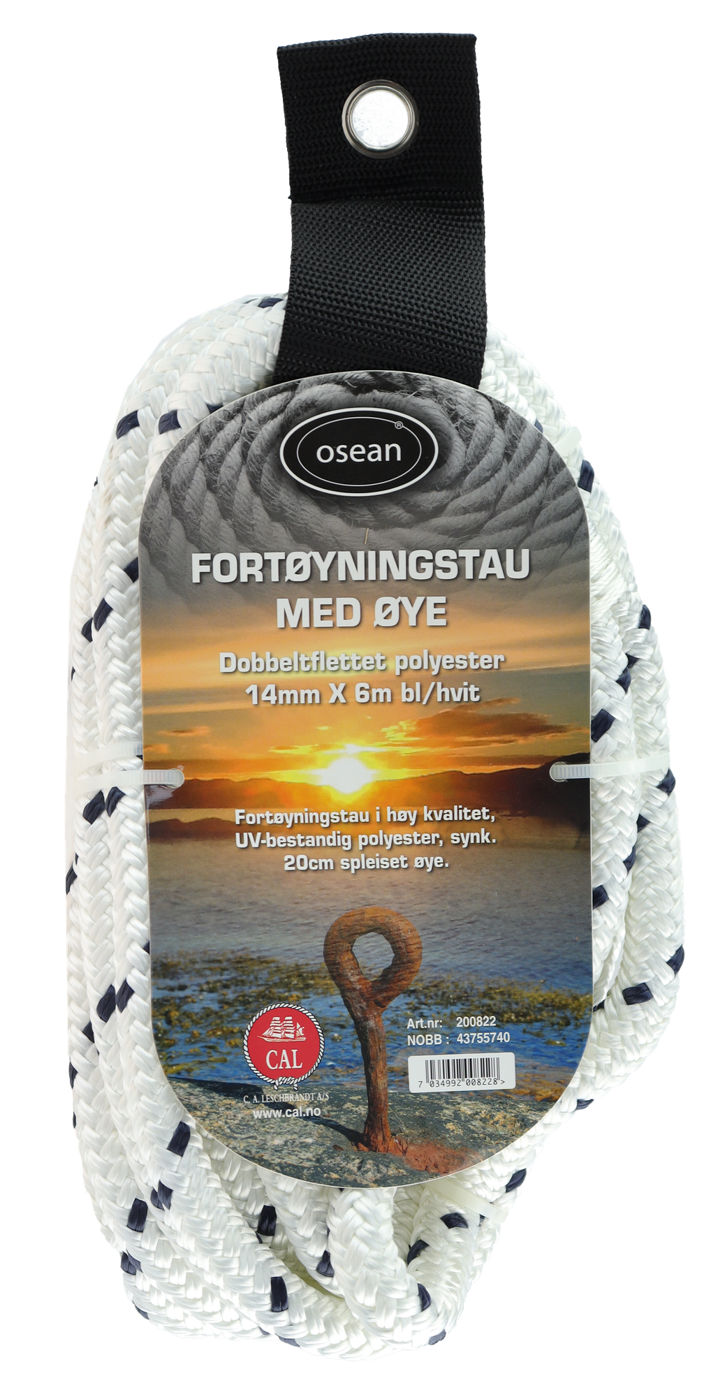 Fortøyningstau m/øye - Hvit / Blå - 6m - Flettet