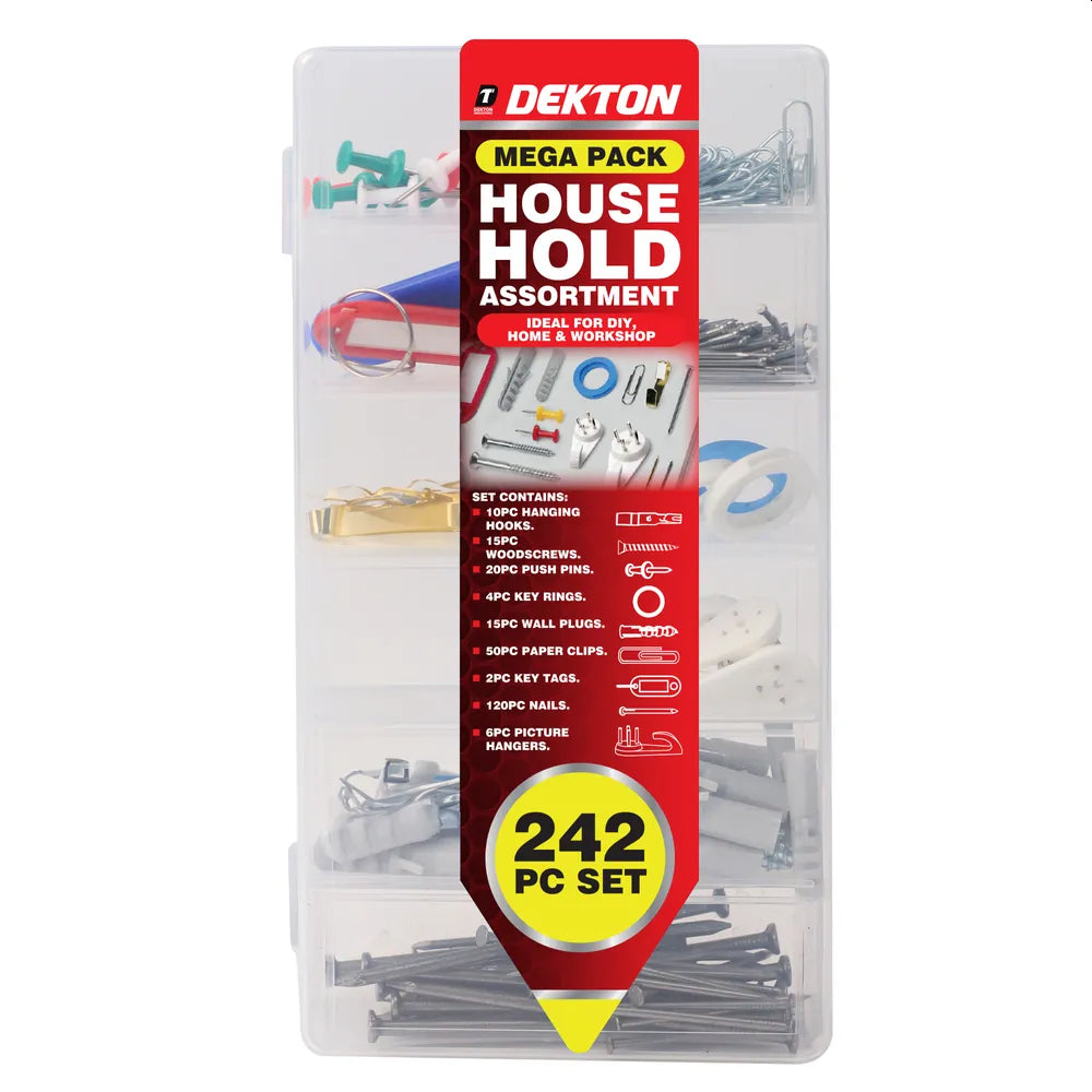 Husholdnings assortement 242 deler - Stift - Oppheng - Binders - Skruer mm.