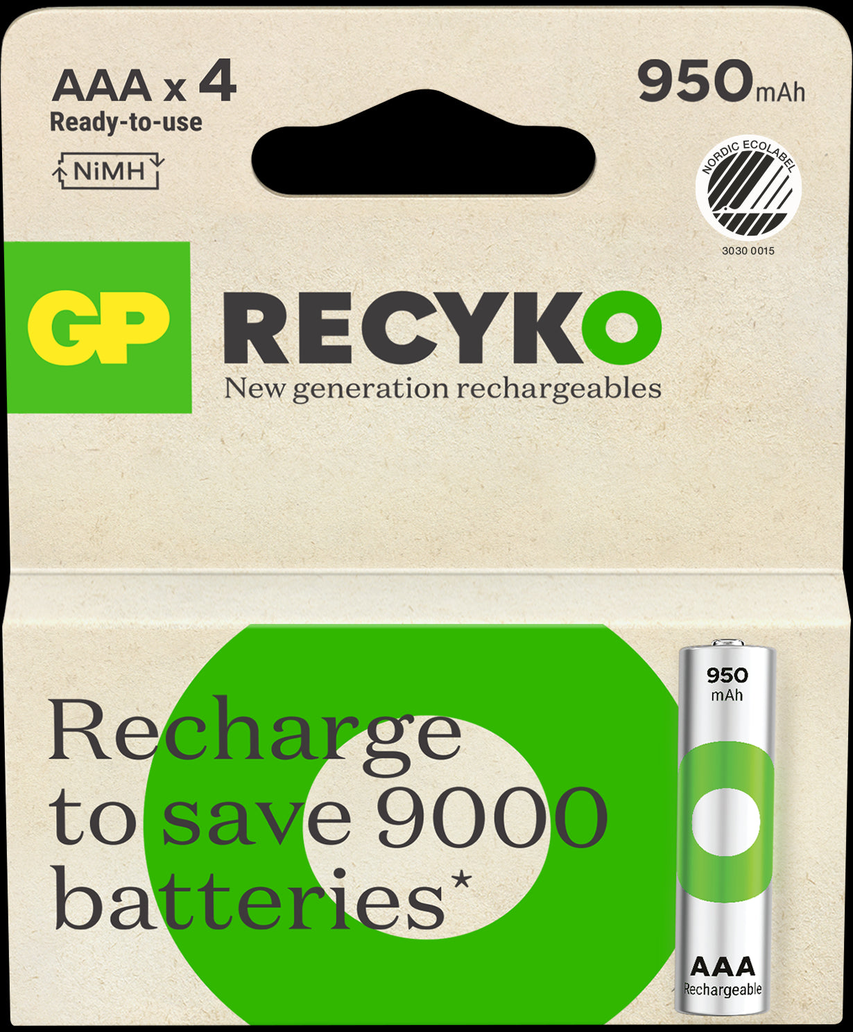 GP ReCyko AAA-batteri, 950mAh - 4pk - Oppladbart NiMH 1,2v