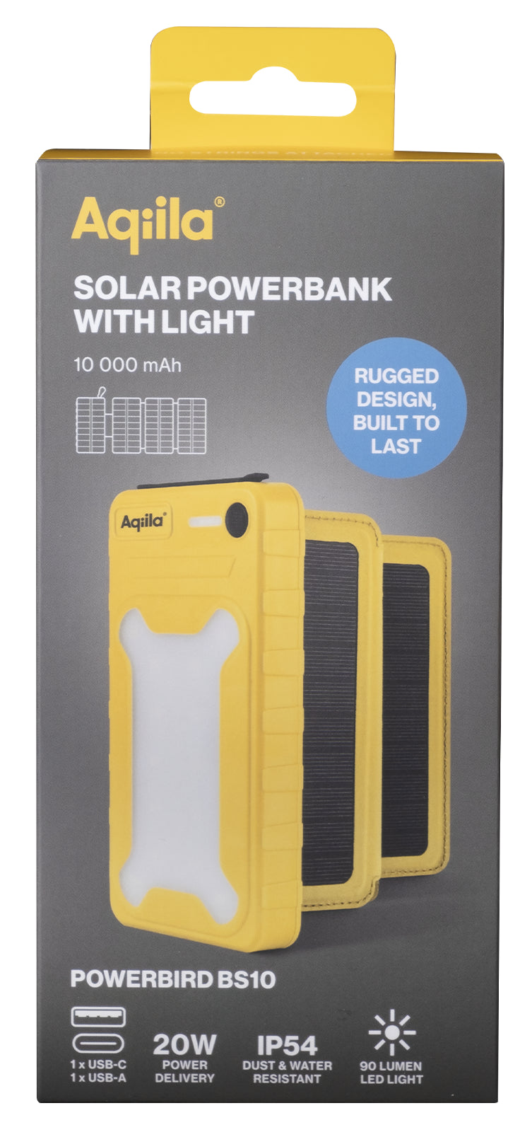 Aqiila Powerbird BS10 - Solcelle powerbank 10000mAh - Lys