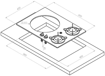 Glass Hob 2 Sink gasskoketopp m/vask