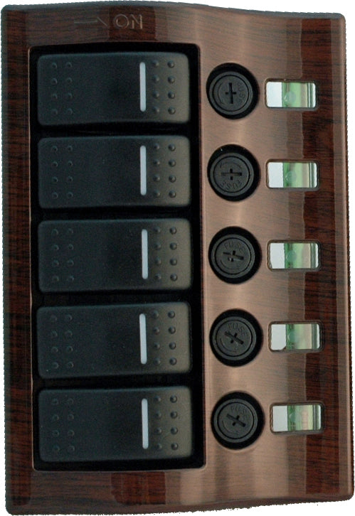 1852 Bryterpanel 5 brytere, manuelle sikringer, sort 12V
