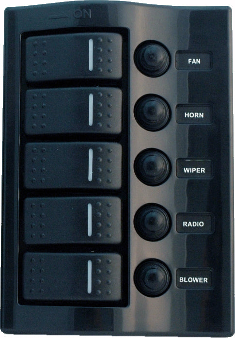 1852 Bryterpanel 5 brytere med aut.sikring, sort 12V