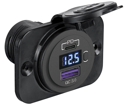 Digitalt voltmeter/amperemeter og kontakter for innfelt montering