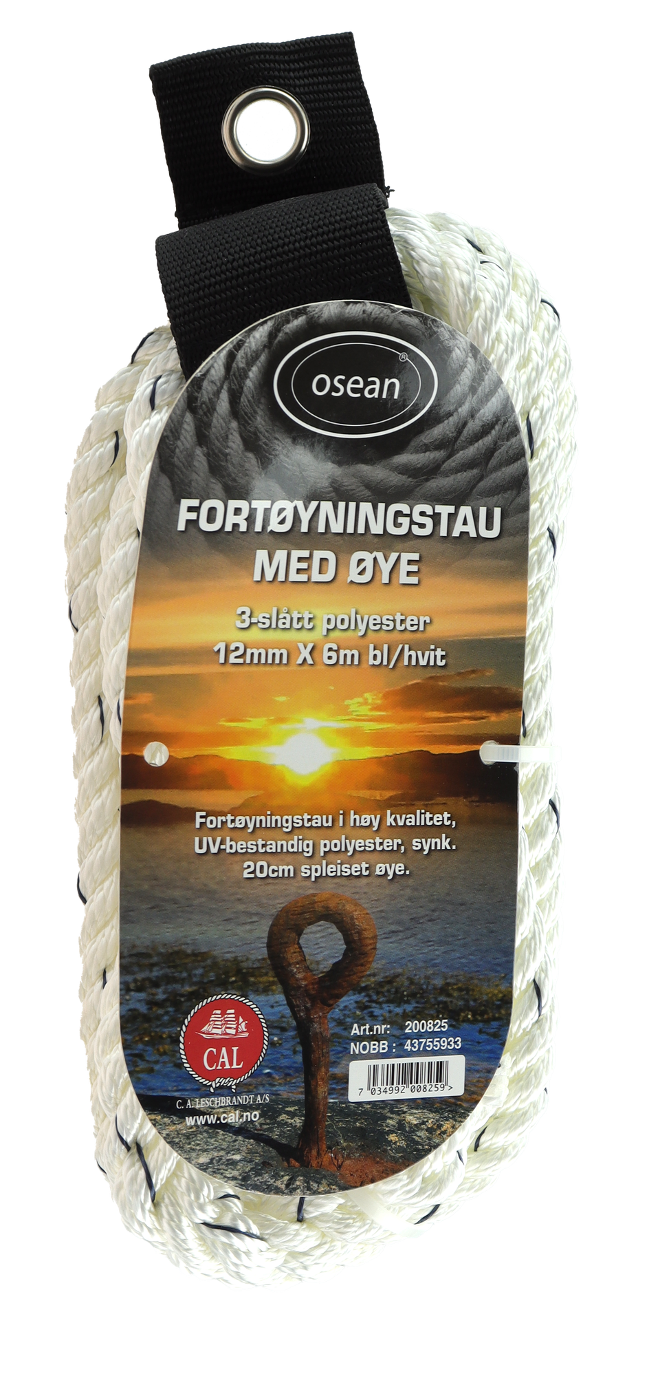 Fortøyningstau m/øye - Hvit / Blå - 6m - 3-Slått