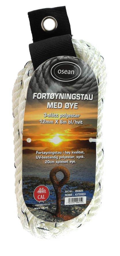 Fortøyningstau m/øye - Hvit / Blå - 6m - 3-Slått