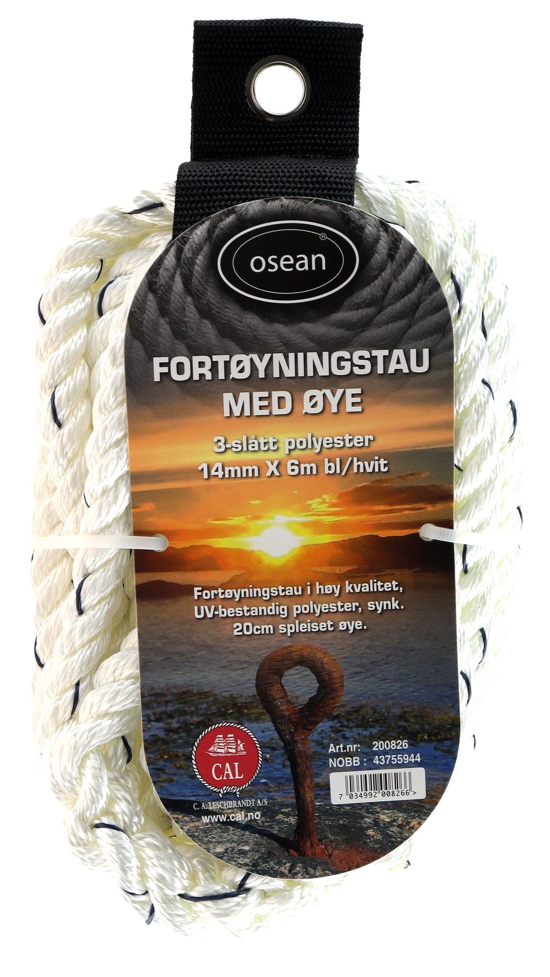 Fortøyningstau m/øye - Hvit / Blå - 6m - 3-Slått