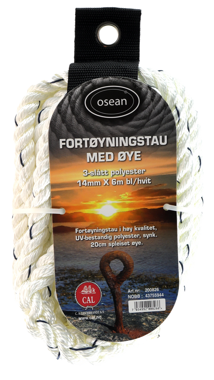 Fortøyningstau m/øye - Hvit / Blå - 6m - 3-Slått