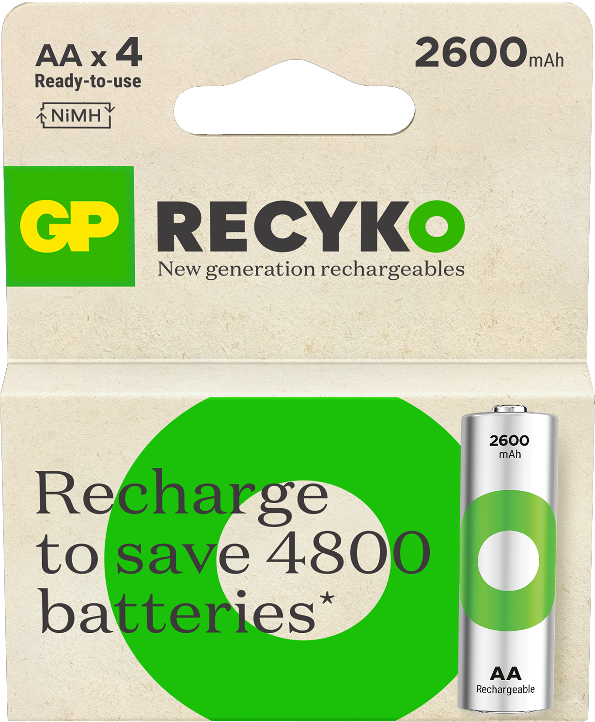 GP ReCyko AA-batteri 2600mAh - 4pk - Oppladbart NiMH 1,2v