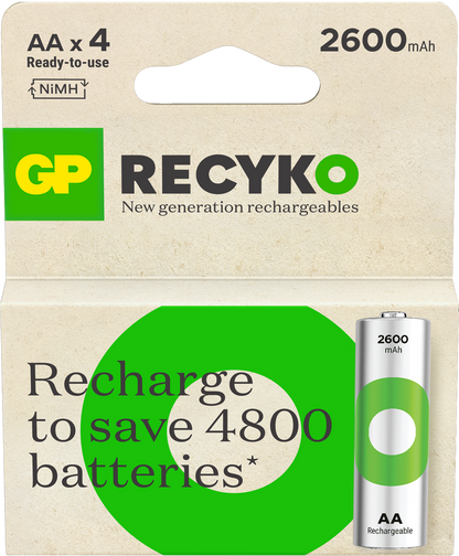 GP ReCyko AA-batteri 2600mAh - 4pk - Oppladbart NiMH 1,2v