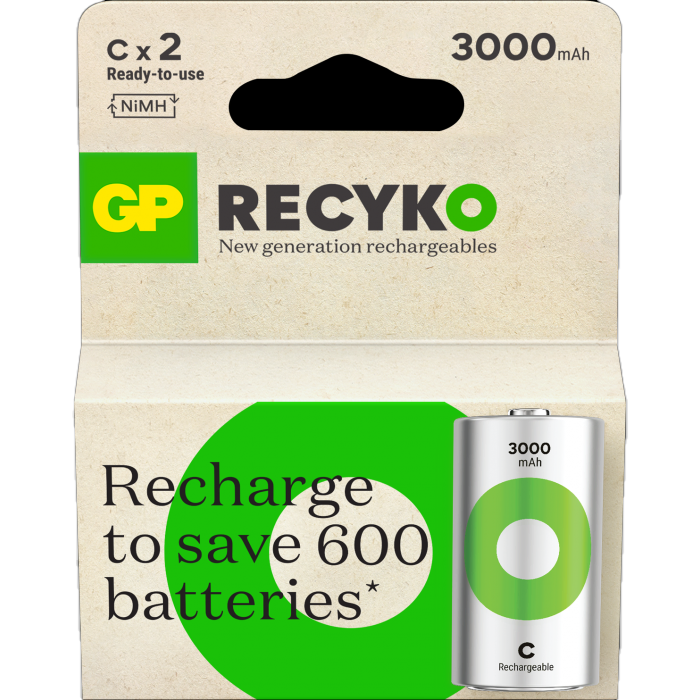 GP ReCyko C-batteri 3000mAh - 2pk - Oppladbart NiMH 1,2v LR-14