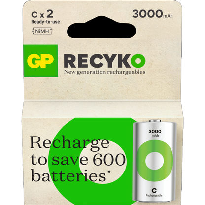GP ReCyko C-batteri 3000mAh - 2pk - Oppladbart NiMH 1,2v LR-14