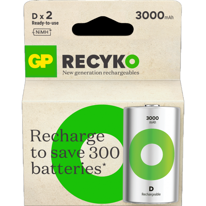 GP ReCyko D-batteri 3000mAh - 2pk - Oppladbart NiMH 1,2v LR-20