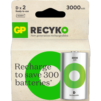 GP ReCyko D-batteri 3000mAh - 2pk - Oppladbart NiMH 1,2v LR-20