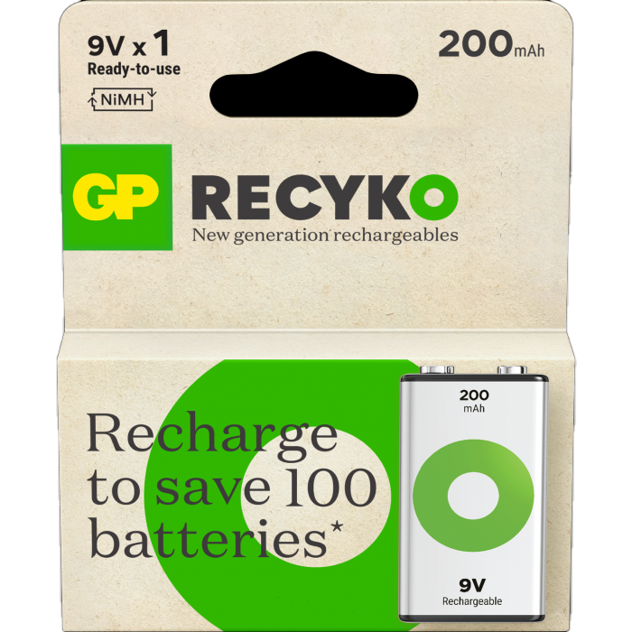 GP ReCyko 9v-batteri 200mAh - 1pk - Oppladbart NiMH 20R8H-2WB1