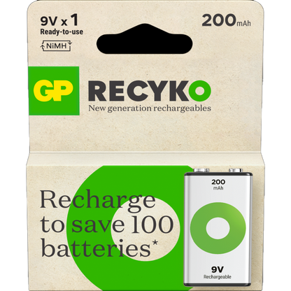 GP ReCyko 9v-batteri 200mAh - 1pk - Oppladbart NiMH 20R8H-2WB1