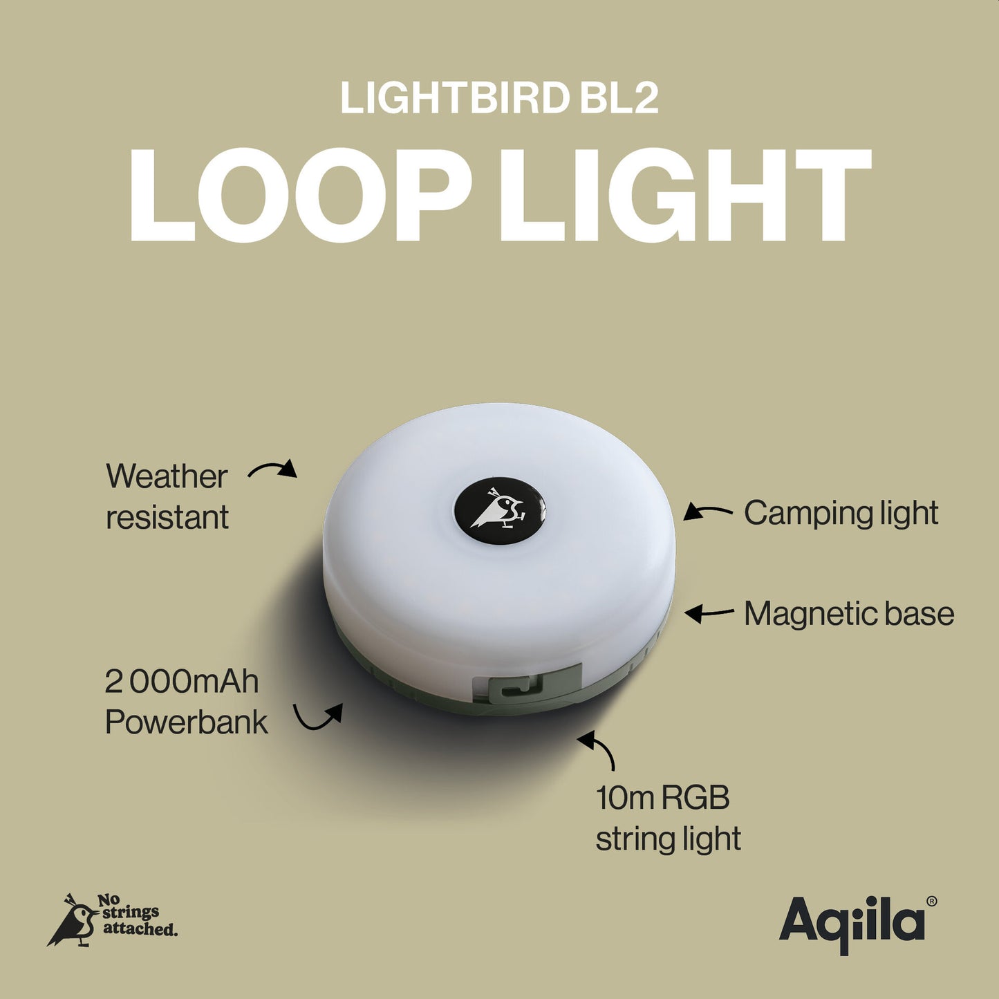 Aqiila Lightbird BL2 - Uttrekkbar lyslenke - Camping - Oppladb.