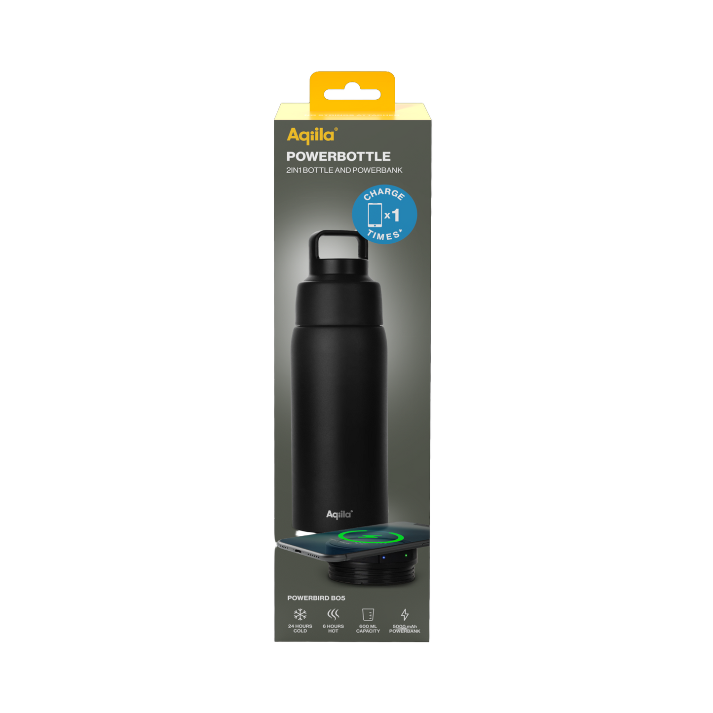 Aqiila Powerbottle BO5 - Drikkeflaske - Termos - Powerbank - 0,6l