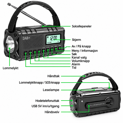 Nødradio DAB+/FM  med sveiv og solcellepanel