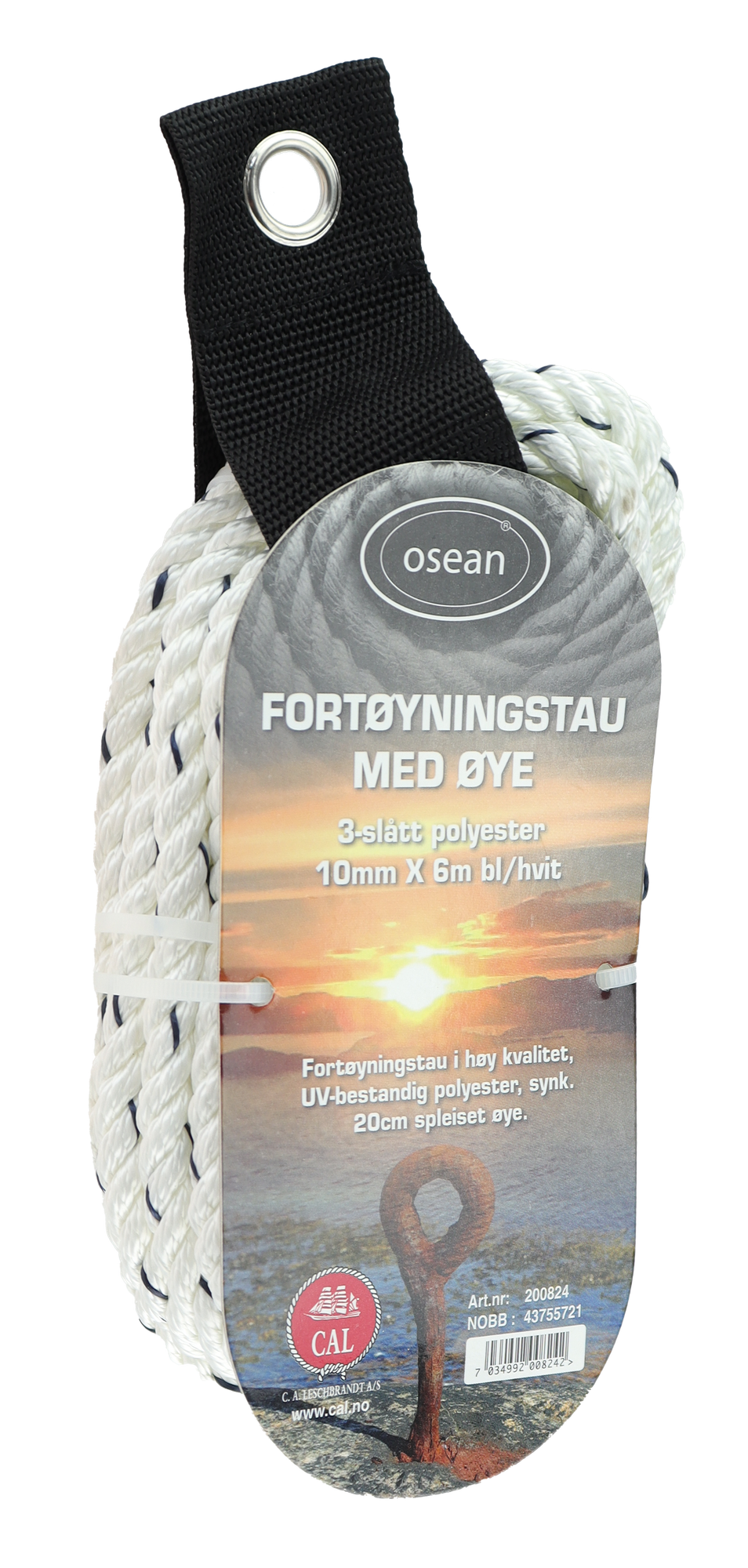 Fortøyningstau m/øye - Hvit / Blå - 6m - 3-Slått